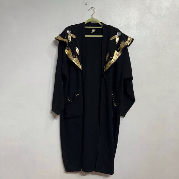 Black Long Line Gold Trim Open Front Vintage Cardigan Sz O/S - Picture 2 of 13